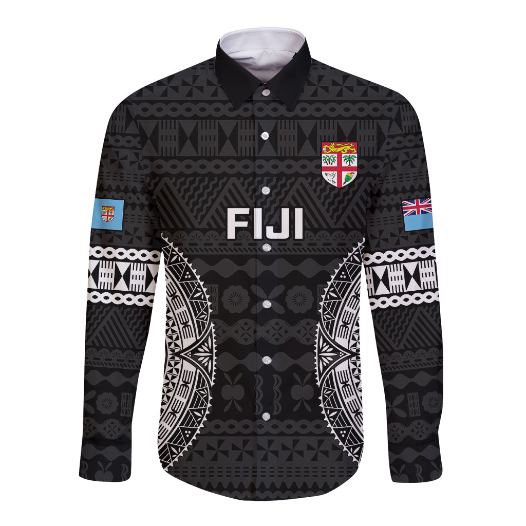 Fiji Rugby Long Sleeve Button Shirt 2023 Fijian Tapa Pattern World Cup Black LT14 Unisex Black - Polynesian Pride