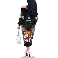 Fiji Rugby Off The Shoulder Long Sleeve Dress 2023 Fijian Tapa Pattern World Cup Black LT14 - Polynesian Pride
