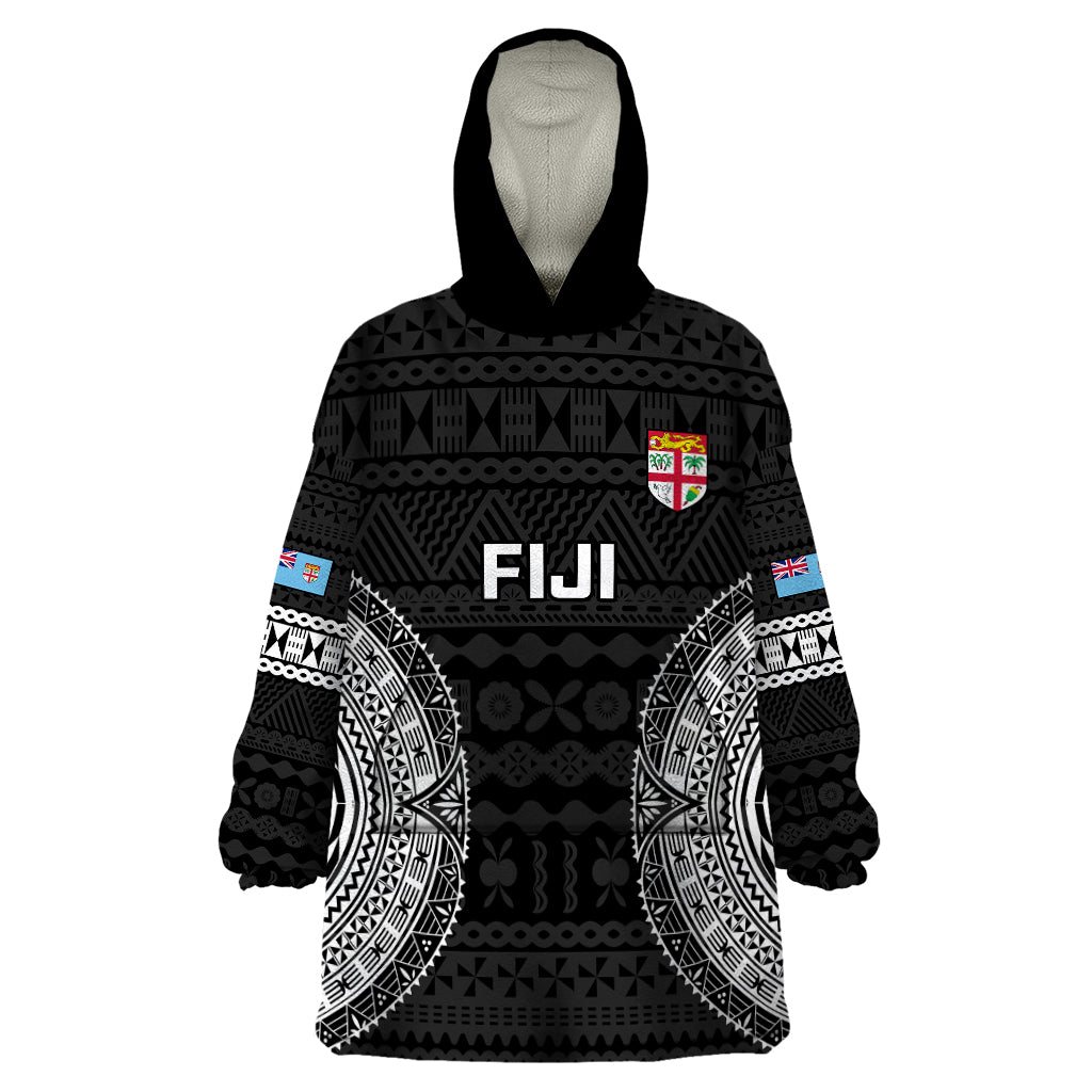Fiji Rugby Wearable Blanket Hoodie 2023 Fijian Tapa Pattern World Cup Black LT14 One Size Black - Polynesian Pride