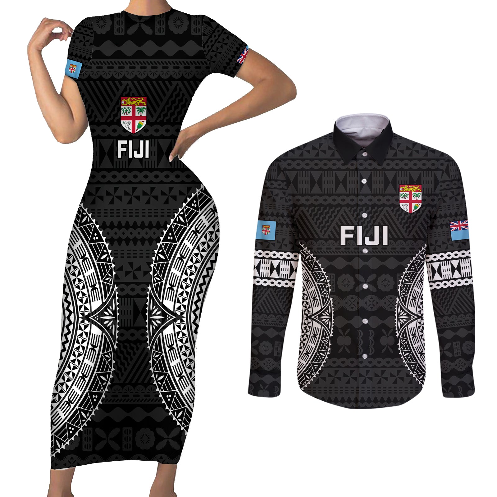 Custom Fiji Rugby Couples Matching Short Sleeve Bodycon Dress and Long Sleeve Button Shirts 2023 Fijian Tapa Pattern World Cup Black LT14 Black - Polynesian Pride