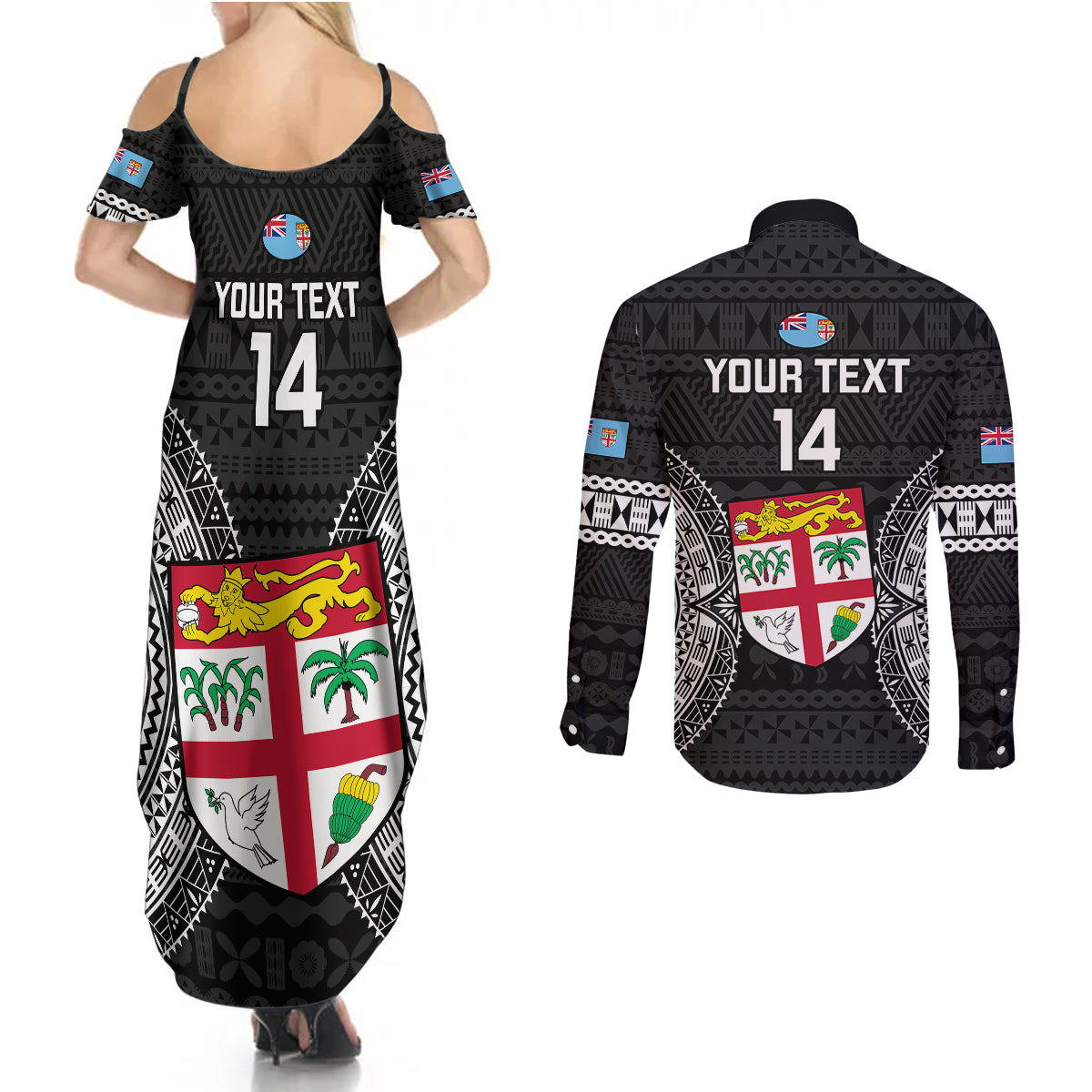 Custom Fiji Rugby Couples Matching Summer Maxi Dress and Long Sleeve Button Shirts 2023 Fijian Tapa Pattern World Cup Black LT14 - Polynesian Pride