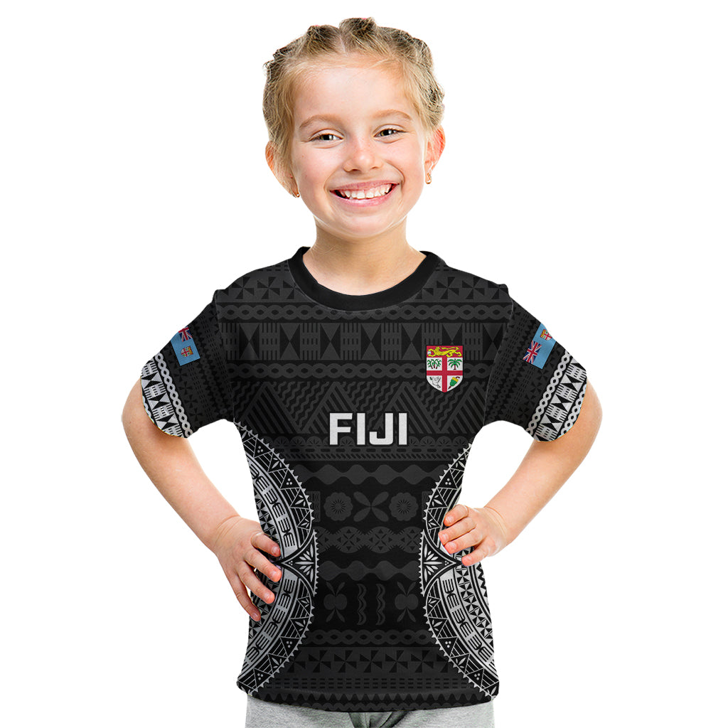 Custom Fiji Rugby Kid T Shirt 2023 Fijian Tapa Pattern World Cup Black LT14 Black - Polynesian Pride