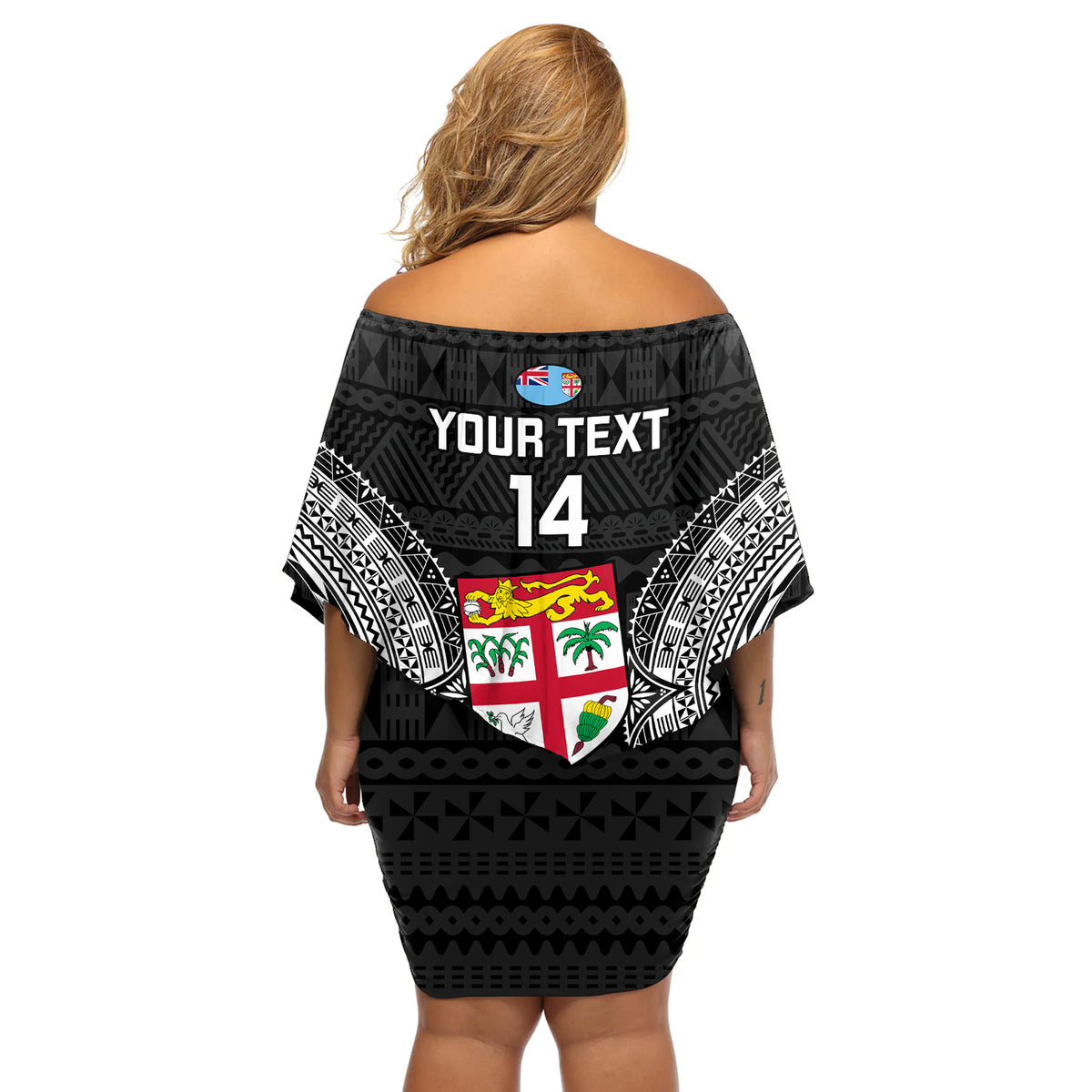 Custom Fiji Rugby Off Shoulder Short Dress 2023 Fijian Tapa Pattern World Cup Black LT14 - Polynesian Pride