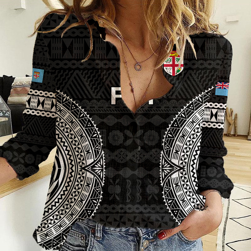 Custom Fiji Rugby Women Casual Shirt 2023 Fijian Tapa Pattern World Cup Black LT14 Female Black - Polynesian Pride