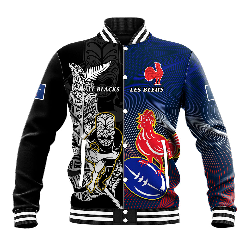 New Zealand And France Rugby Baseball Jacket All Black With Les Bleus Together 2023 World Cup LT14 Unisex Black - Polynesian Pride