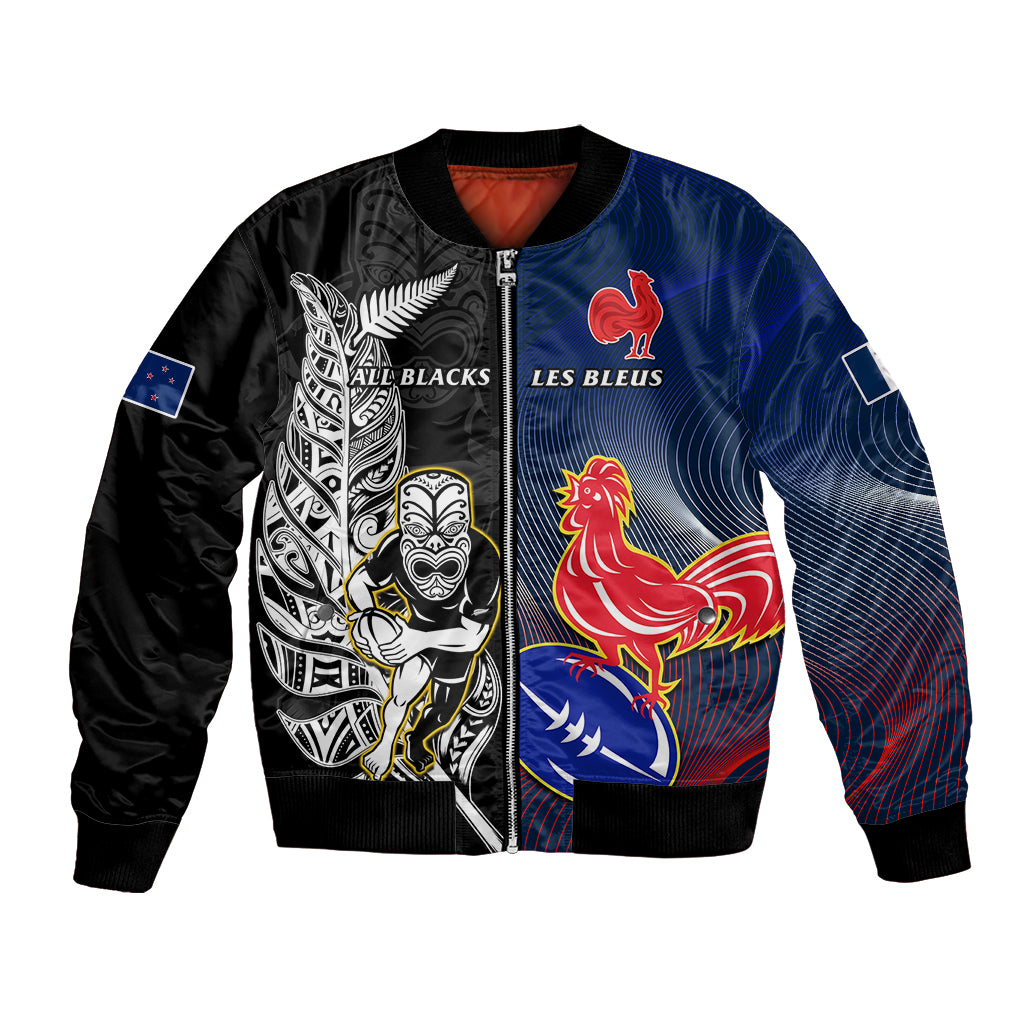 New Zealand And France Rugby Bomber Jacket All Black With Les Bleus Together 2023 World Cup LT14 Unisex Black - Polynesian Pride