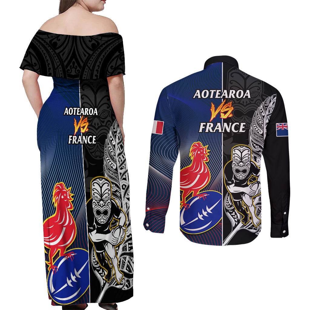 New Zealand And France Rugby Couples Matching Off Shoulder Maxi Dress and Long Sleeve Button Shirts All Black With Les Bleus Together 2023 World Cup LT14 - Polynesian Pride