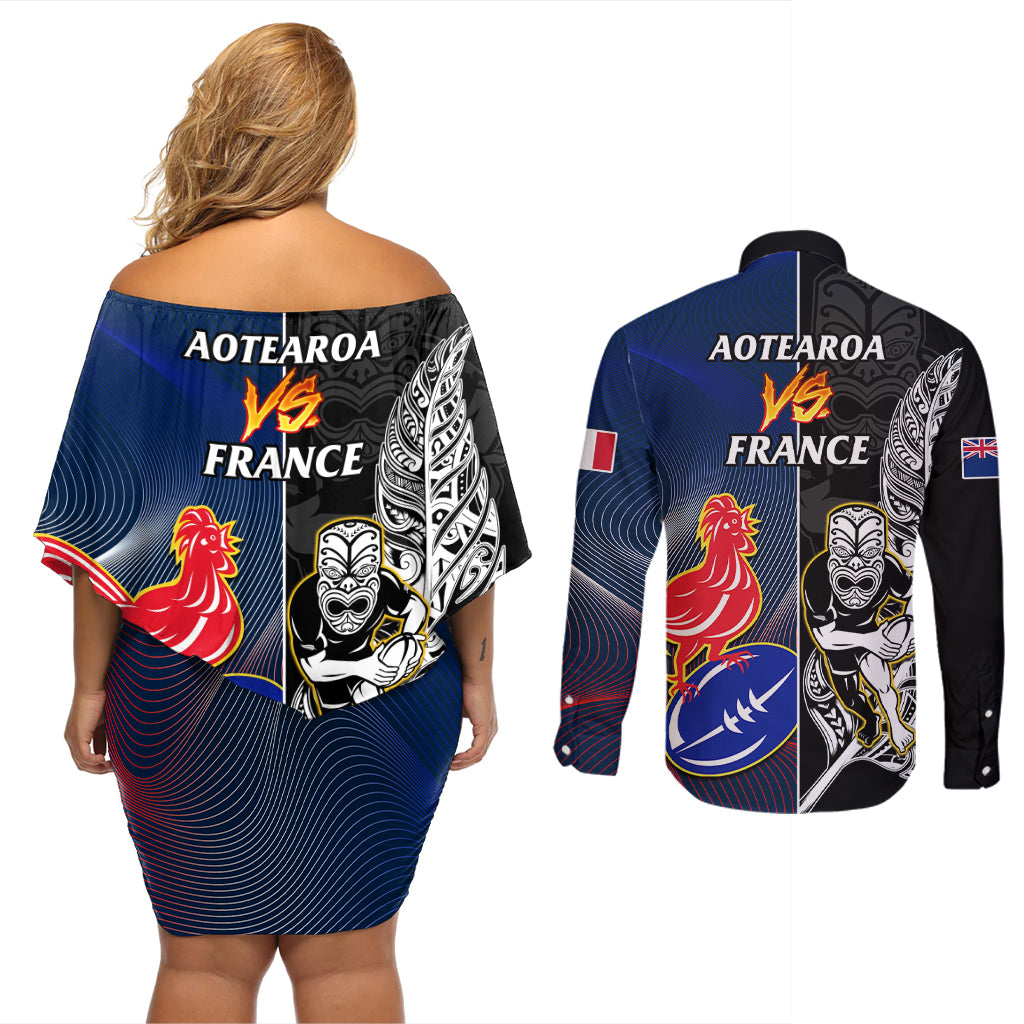 New Zealand And France Rugby Couples Matching Off Shoulder Short Dress and Long Sleeve Button Shirts All Black With Les Bleus Together 2023 World Cup LT14 - Polynesian Pride