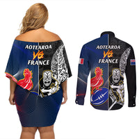 New Zealand And France Rugby Couples Matching Off Shoulder Short Dress and Long Sleeve Button Shirts All Black With Les Bleus Together 2023 World Cup LT14 - Polynesian Pride