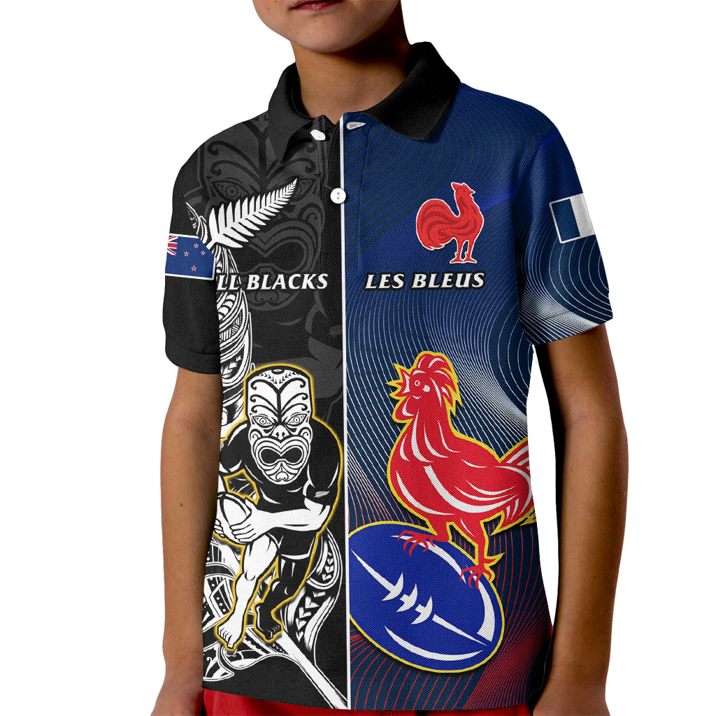 New Zealand And France Rugby Kid Polo Shirt All Black With Les Bleus Together 2023 World Cup LT14 Kid Black - Polynesian Pride