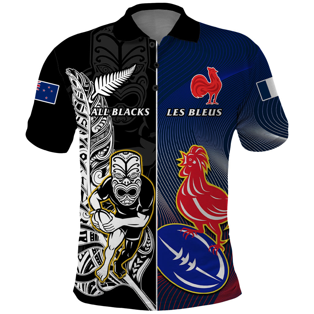 New Zealand And France Rugby Polo Shirt All Black With Les Bleus Together 2023 World Cup LT14 Black - Polynesian Pride