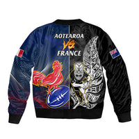 New Zealand And France Rugby Sleeve Zip Bomber Jacket All Black With Les Bleus Together 2023 World Cup LT14 - Polynesian Pride