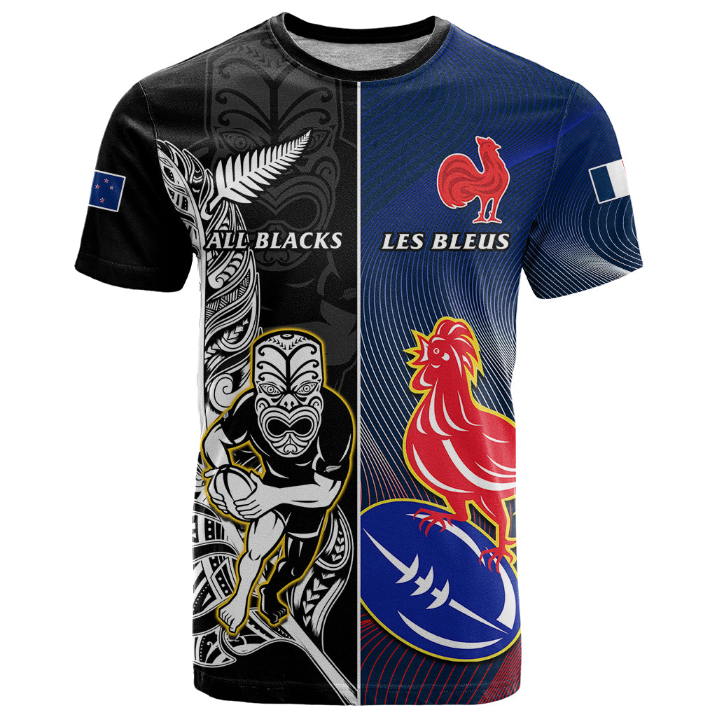 New Zealand And France Rugby T Shirt All Black With Les Bleus Together 2023 World Cup LT14 Black - Polynesian Pride