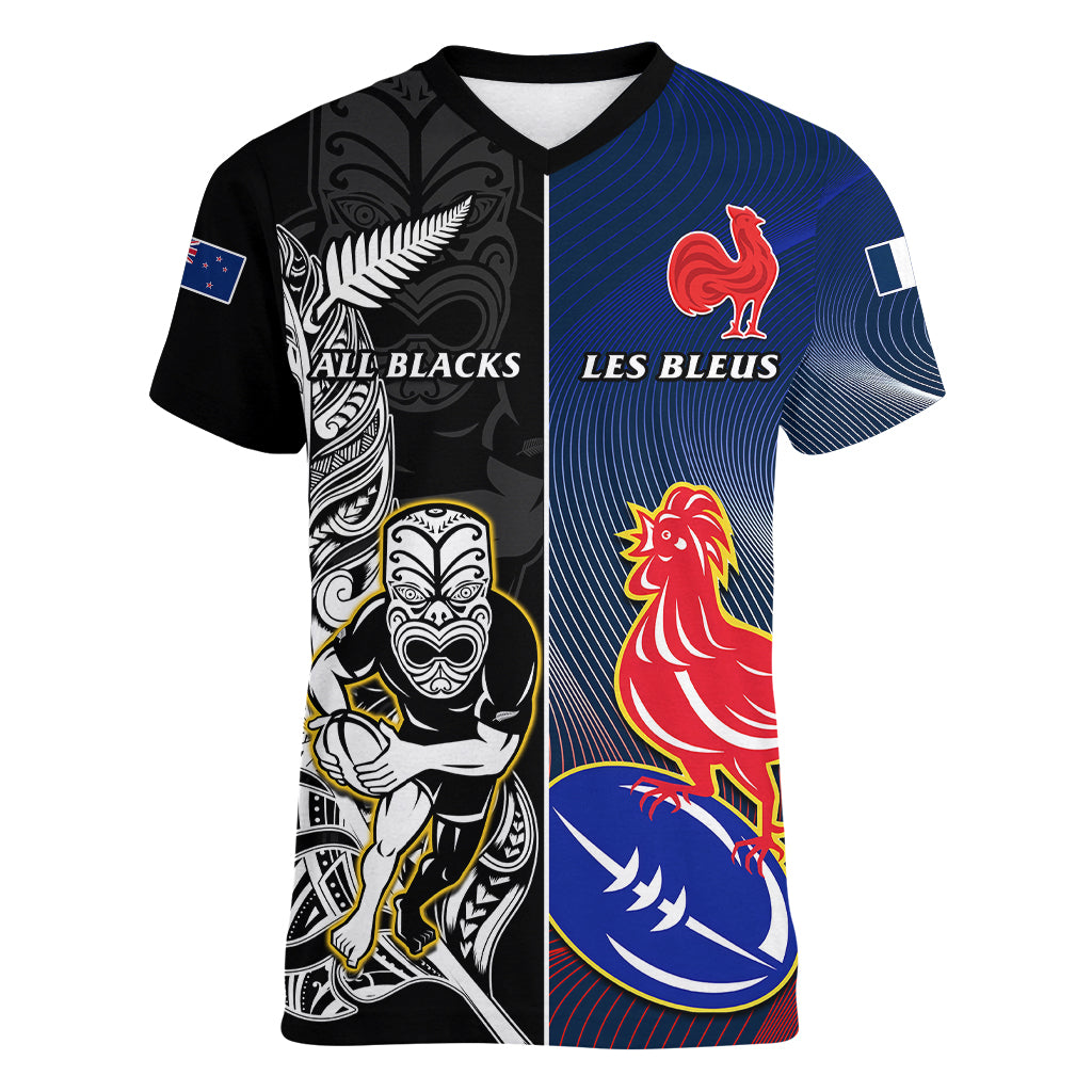 New Zealand And France Rugby Women V Neck T Shirt All Black With Les Bleus Together 2023 World Cup LT14 Female Black - Polynesian Pride