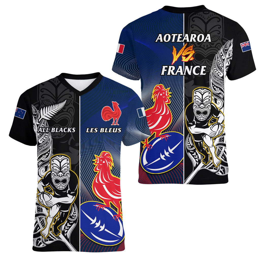 New Zealand And France Rugby Women V Neck T Shirt All Black With Les Bleus Together 2023 World Cup LT14 - Polynesian Pride