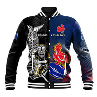 Custom New Zealand And France Rugby Baseball Jacket All Black With Les Bleus Together 2023 World Cup LT14 Unisex Black - Polynesian Pride
