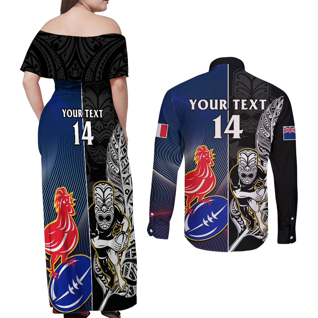 Custom New Zealand And France Rugby Couples Matching Off Shoulder Maxi Dress and Long Sleeve Button Shirts All Black With Les Bleus Together 2023 World Cup LT14 - Polynesian Pride