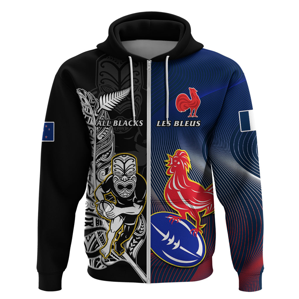 Custom New Zealand And France Rugby Hoodie All Black With Les Bleus Together 2023 World Cup LT14 Zip Hoodie Black - Polynesian Pride