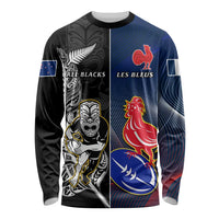 Custom New Zealand And France Rugby Long Sleeve Shirt All Black With Les Bleus Together 2023 World Cup LT14