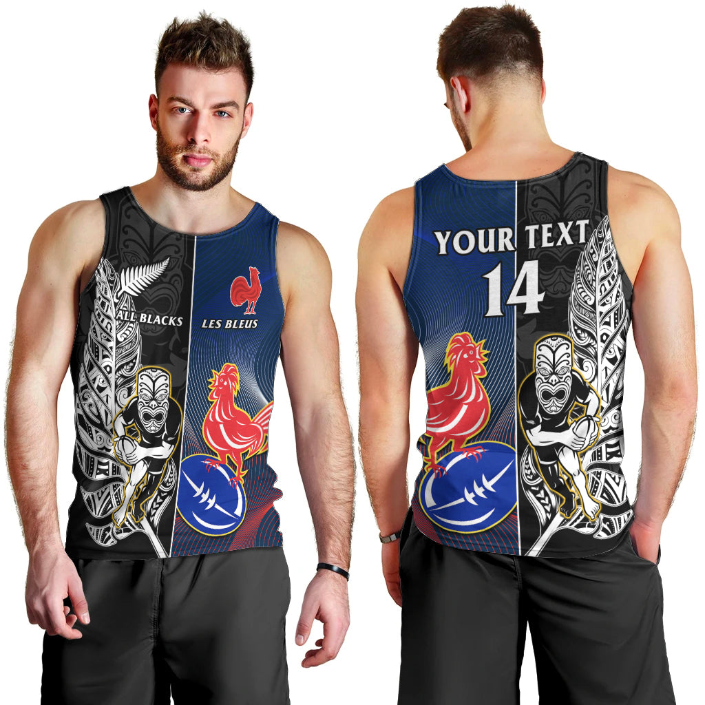 Custom New Zealand And France Rugby Men Tank Top All Black With Les Bleus Together 2023 World Cup LT14 - Polynesian Pride