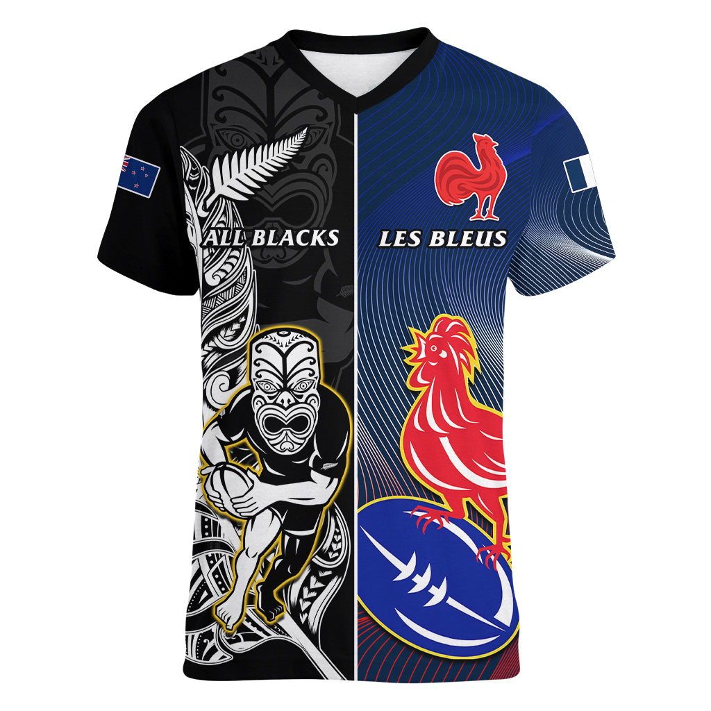 Custom New Zealand And France Rugby Women V Neck T Shirt All Black With Les Bleus Together 2023 World Cup LT14 Female Black - Polynesian Pride