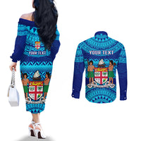 Personalised Fiji Couples Matching Off The Shoulder Long Sleeve Dress and Long Sleeve Button Shirts Unique Fijian Tapa Pattern With Coat Of Arms LT14 - Polynesian Pride