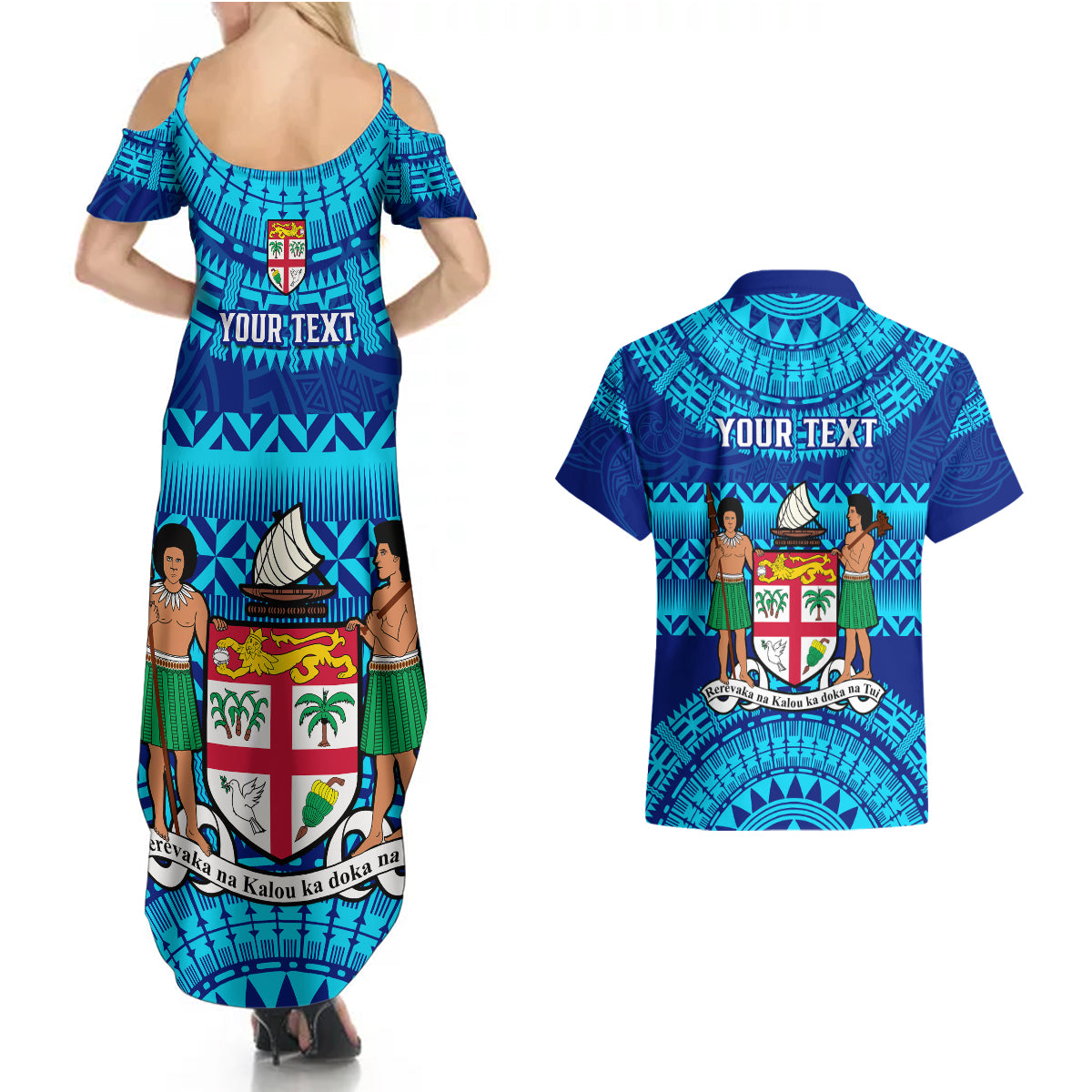 Personalised Fiji Couples Matching Summer Maxi Dress and Hawaiian Shirt Unique Fijian Tapa Pattern With Coat Of Arms LT14 - Polynesian Pride