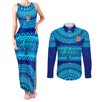 Personalised Fiji Couples Matching Tank Maxi Dress and Long Sleeve Button Shirts Unique Fijian Tapa Pattern With Coat Of Arms LT14 Blue - Polynesian Pride