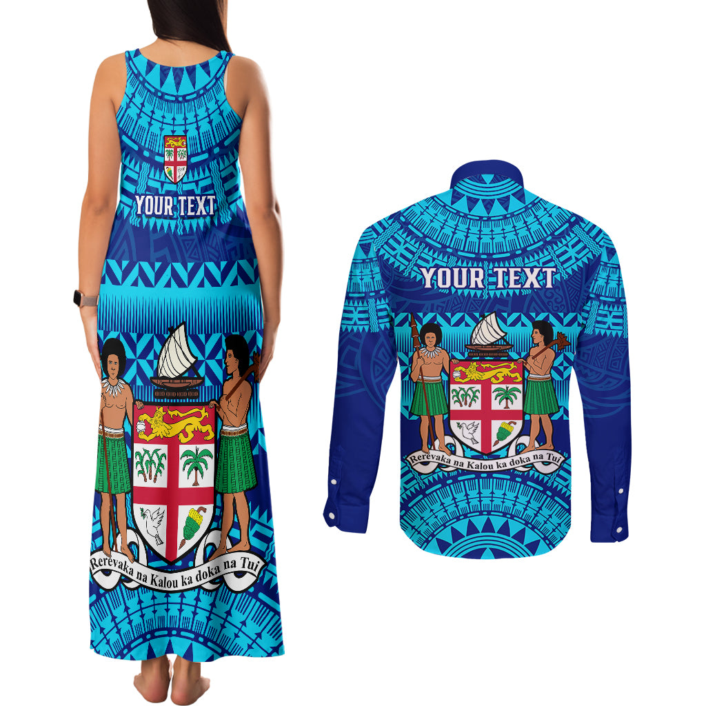 Personalised Fiji Couples Matching Tank Maxi Dress and Long Sleeve Button Shirts Unique Fijian Tapa Pattern With Coat Of Arms LT14 - Polynesian Pride