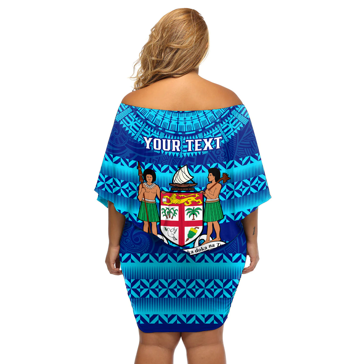 Personalised Fiji Off Shoulder Short Dress Unique Fijian Tapa Pattern With Coat Of Arms LT14 - Polynesian Pride