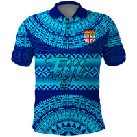 Personalised Fiji Polo Shirt Unique Fijian Tapa Pattern With Coat Of Arms LT14 Blue - Polynesian Pride
