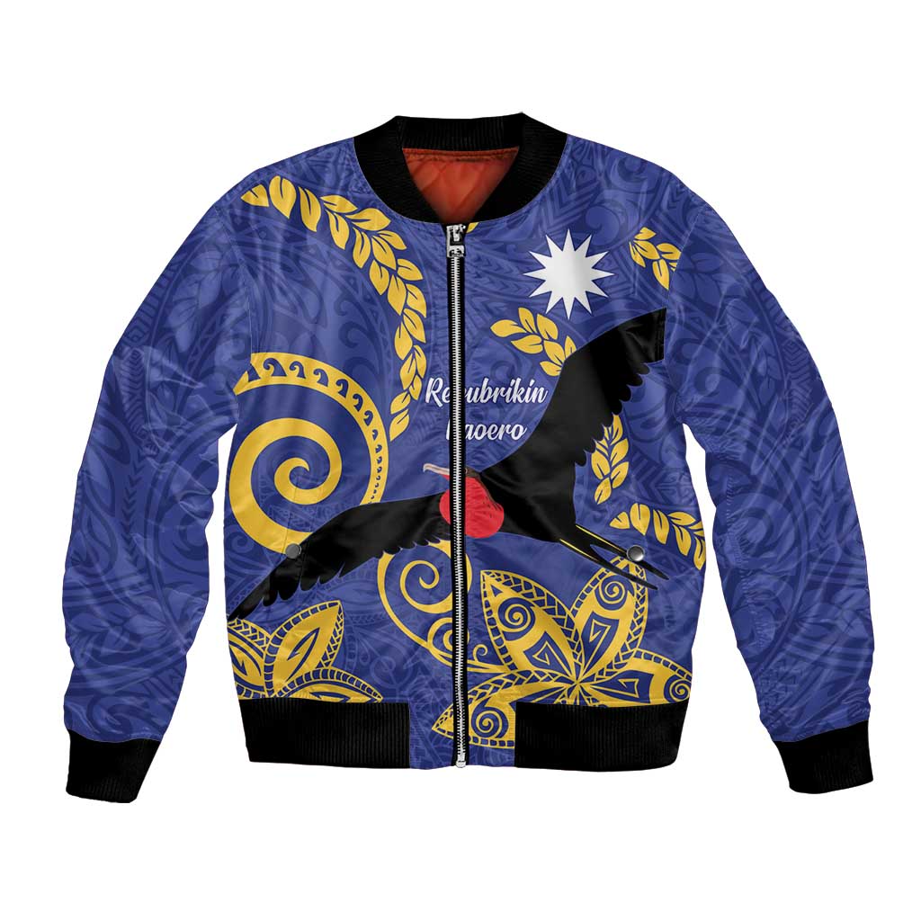 Nauru Angam Day Bomber Jacket Naoero Frigate Bird Polynesian Pattern LT14 Unisex Blue - Polynesian Pride