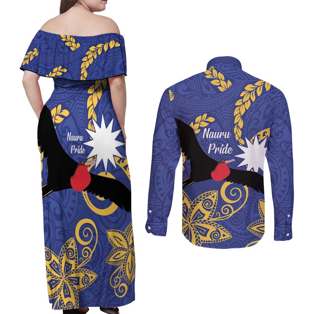 Nauru Angam Day Couples Matching Off Shoulder Maxi Dress and Long Sleeve Button Shirt Naoero Frigate Bird Polynesian Pattern
