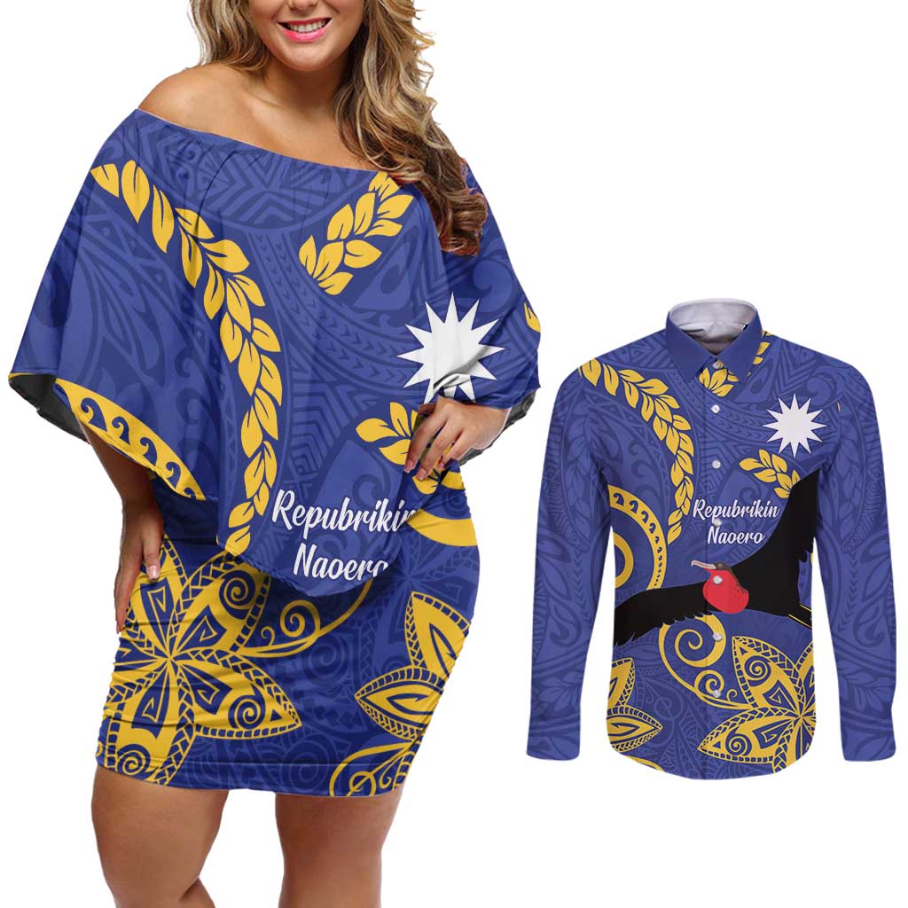 Nauru Angam Day Couples Matching Off Shoulder Short Dress and Long Sleeve Button Shirt Naoero Frigate Bird Polynesian Pattern LT14 Blue - Polynesian Pride