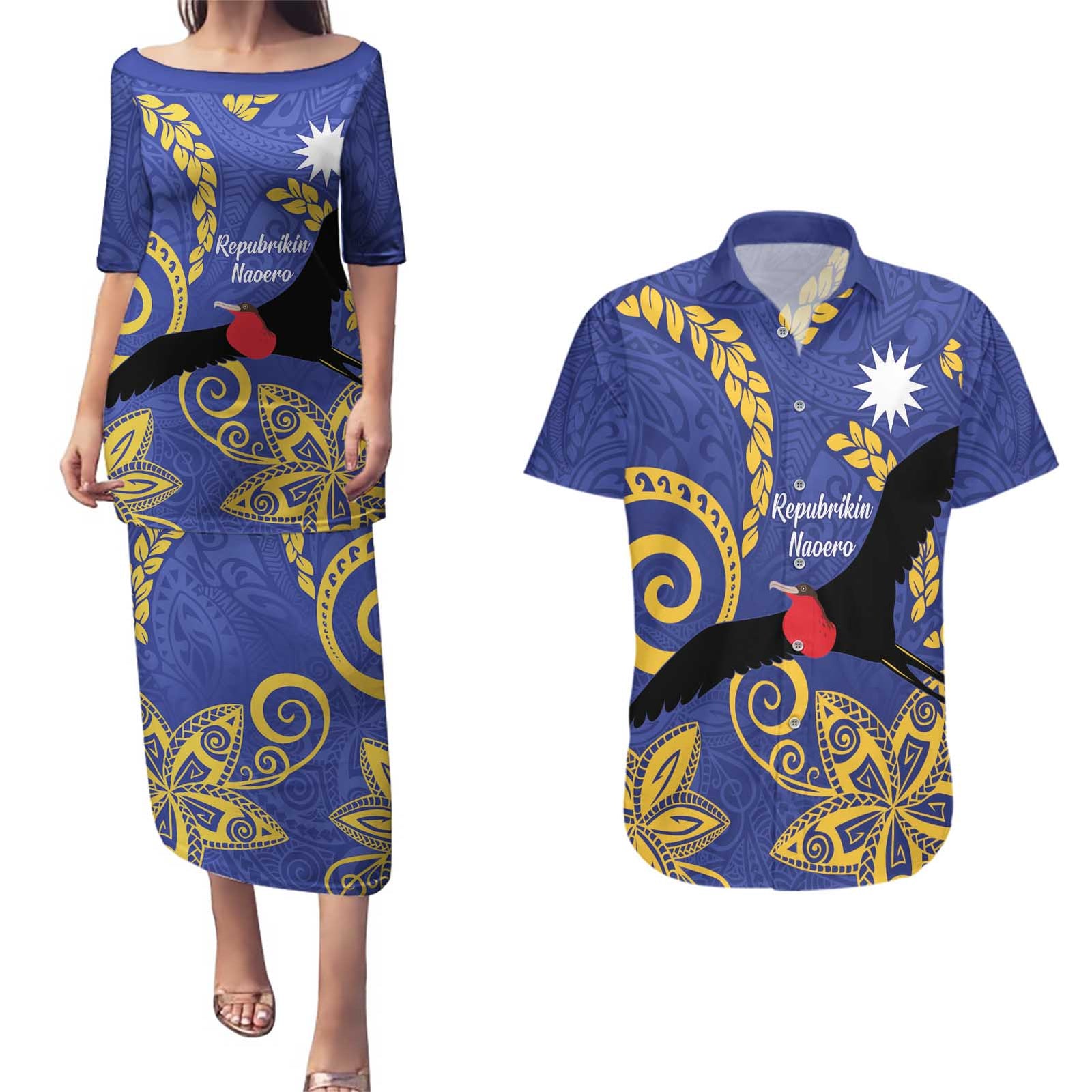 Nauru Angam Day Couples Matching Puletasi and Hawaiian Shirt Naoero Frigate Bird Polynesian Pattern LT14 Blue - Polynesian Pride