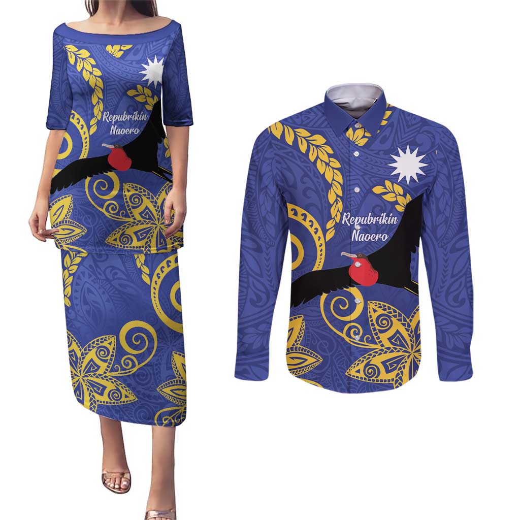 Nauru Angam Day Couples Matching Puletasi and Long Sleeve Button Shirt Naoero Frigate Bird Polynesian Pattern LT14 Blue - Polynesian Pride