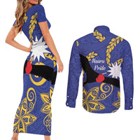 Nauru Angam Day Couples Matching Short Sleeve Bodycon Dress and Long Sleeve Button Shirt Naoero Frigate Bird Polynesian Pattern