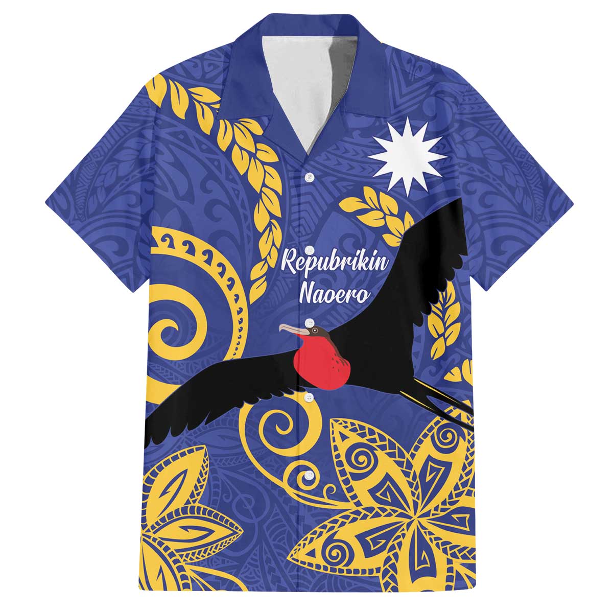 Nauru Angam Day Family Matching Off The Shoulder Long Sleeve Dress and Hawaiian Shirt Naoero Frigate Bird Polynesian Pattern LT14 Dad's Shirt - Short Sleeve Blue - Polynesian Pride