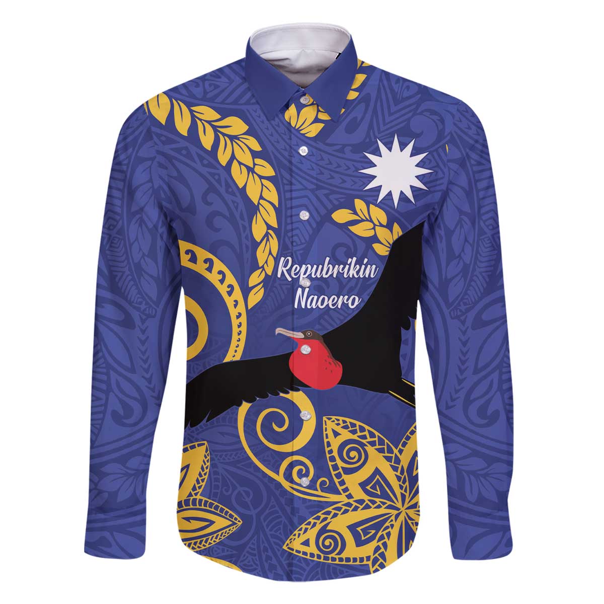 Nauru Angam Day Family Matching Off The Shoulder Long Sleeve Dress and Hawaiian Shirt Naoero Frigate Bird Polynesian Pattern LT14 Dad's Shirt - Long Sleeve Blue - Polynesian Pride