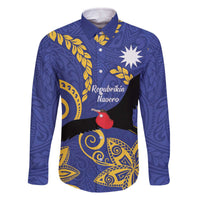Nauru Angam Day Family Matching Off The Shoulder Long Sleeve Dress and Hawaiian Shirt Naoero Frigate Bird Polynesian Pattern LT14 Dad's Shirt - Long Sleeve Blue - Polynesian Pride