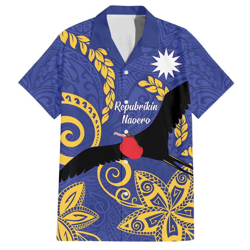 Nauru Angam Day Family Matching Off Shoulder Maxi Dress and Hawaiian Shirt Naoero Frigate Bird Polynesian Pattern LT14 Dad's Shirt - Short Sleeve Blue - Polynesian Pride
