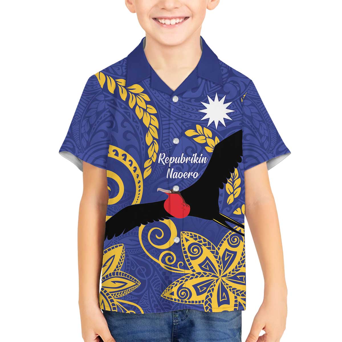 Nauru Angam Day Family Matching Off Shoulder Short Dress and Hawaiian Shirt Naoero Frigate Bird Polynesian Pattern LT14 Son's Shirt Blue - Polynesian Pride