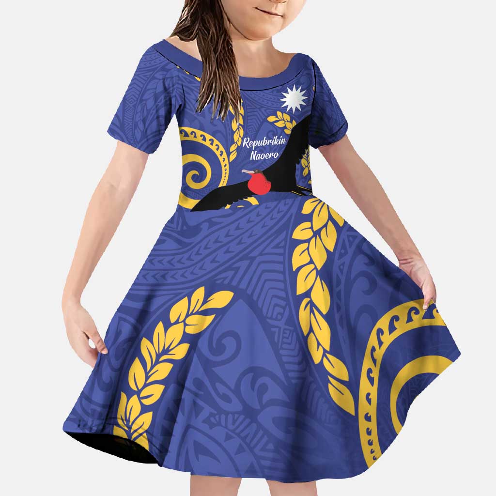 Nauru Angam Day Family Matching Tank Maxi Dress and Hawaiian Shirt Naoero Frigate Bird Polynesian Pattern LT14 Daughter's Dress Blue - Polynesian Pride