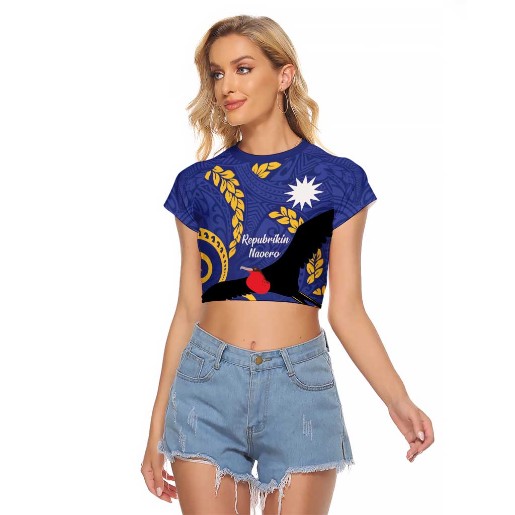 Nauru Angam Day Raglan Cropped T Shirt Naoero Frigate Bird Polynesian Pattern LT14 Female Blue - Polynesian Pride