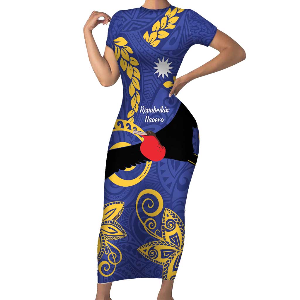 Nauru Angam Day Short Sleeve Bodycon Dress Naoero Frigate Bird Polynesian Pattern LT14 Long Dress Blue - Polynesian Pride