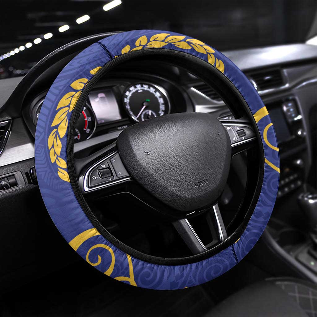 Nauru Angam Day Steering Wheel Cover Naoero Frigate Bird Polynesian Pattern LT14 Universal Fit Blue - Polynesian Pride