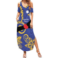 Nauru Angam Day Summer Maxi Dress Naoero Frigate Bird Polynesian Pattern LT14 Women Blue - Polynesian Pride