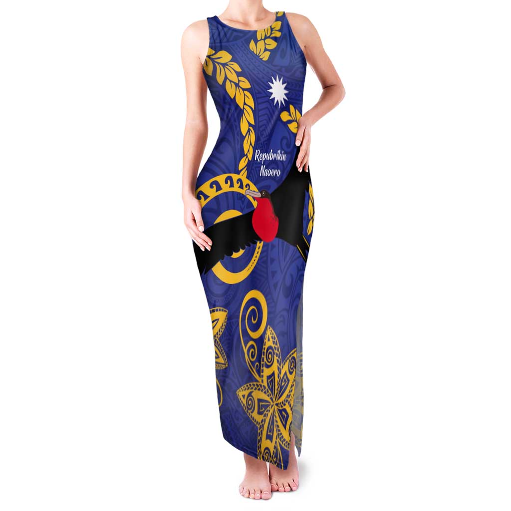 Nauru Angam Day Tank Maxi Dress Naoero Frigate Bird Polynesian Pattern LT14 Women Blue - Polynesian Pride