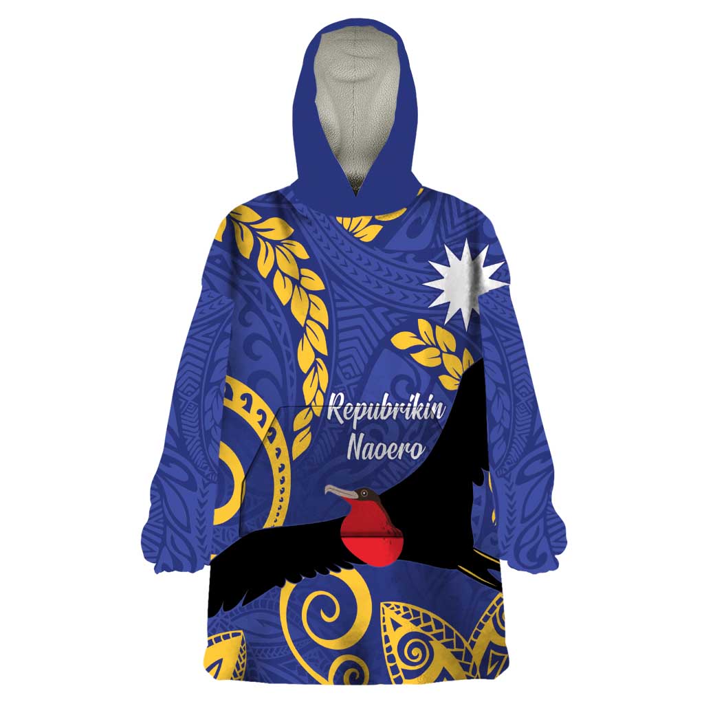 Nauru Angam Day Wearable Blanket Hoodie Naoero Frigate Bird Polynesian Pattern LT14 One Size Blue - Polynesian Pride