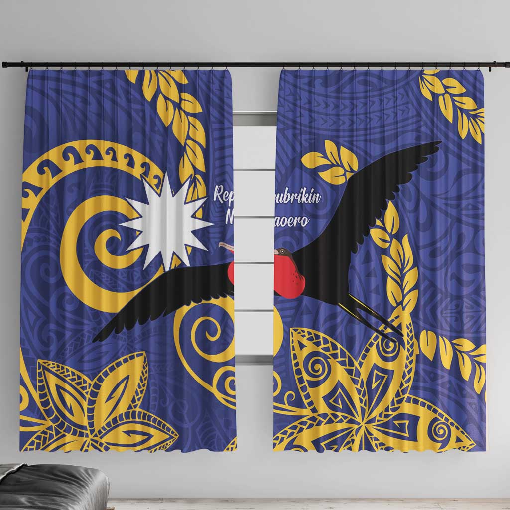 Nauru Angam Day Window Curtain Naoero Frigate Bird Polynesian Pattern LT14 With Hooks Blue - Polynesian Pride
